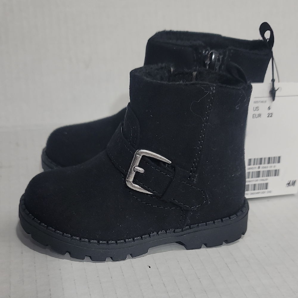 H&M Girls Suede Black Ankle Boots with Silver Buckle
